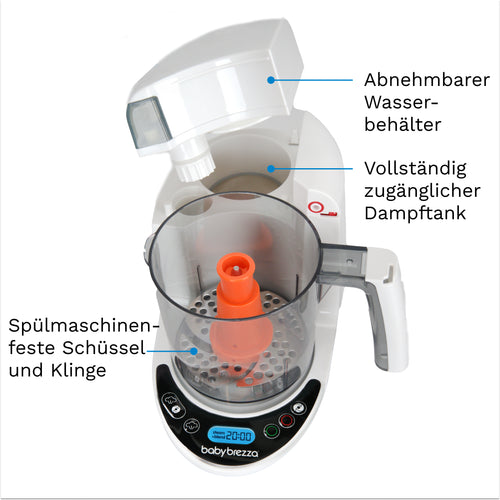 Der elegante, weiße Baby Brezza Food Maker Deluxe: Babynahrungszubereiter bietet deutsche 3-in-1-Funktionalität, einen abnehmbaren Wasserbehälter und einen vollständig zugänglichen Dampftank. Schüssel und Messer sind spülmaschinenfest. Das digitale Display präsentiert die Bedienelemente elegant mit dem Schriftzug „Baby Brezza.de“ am unteren Rand. - product thumbnail