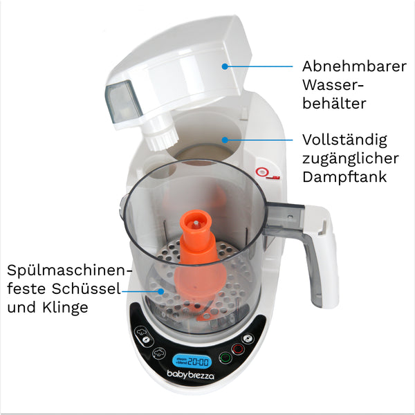 Der elegante, weiße Baby Brezza Food Maker Deluxe: Babynahrungszubereiter bietet deutsche 3-in-1-Funktionalität, einen abnehmbaren Wasserbehälter und einen vollständig zugänglichen Dampftank. Schüssel und Messer sind spülmaschinenfest. Das digitale Display präsentiert die Bedienelemente elegant mit dem Schriftzug „Baby Brezza.de“ am unteren Rand. - product thumbnail