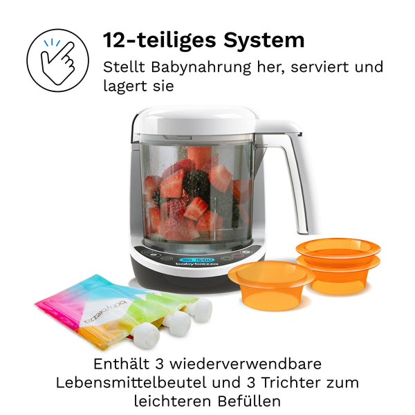 Das Bild zeigt den Baby Brezza Food Maker Deluxe: Babynahrungszubereiter von Baby Brezza.de, einen 3-in-1-Babynahrungszubereiter mit einem Mixer und Früchten. Vorne sind drei orangefarbene Mehrwegschüsseln und eine Gebrauchsanweisung für ein 12-teiliges System zu sehen. Der deutsche Text hebt die spülmaschinenfeste Funktion hervor. - product thumbnail