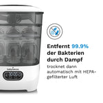 Abgebildet ist ein Babybrezza.de Sterilizer Dryer Advanced: Automatischer Babyflaschen-Sterilisator mit Flaschen. Der deutsche Text weist auf eine 99,9%ige Bakterienentfernung durch Dampf und HEPA-gefilterte Lufttrocknung hin. Außerdem wird ein Symbol zur Keimblockierung angezeigt. - product thumbnail