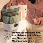 Eine Person legt ein Babyflaschenteil in den Babybrezza.de Sterilizer Dryer Advanced, einen automatischen Babyflaschen-Sterilisator, der im folgenden deutschen Text als moderne Methode zum Sterilisieren und Trocknen von Flaschen und Milchpumpenteilen beschrieben wird. - product thumbnail