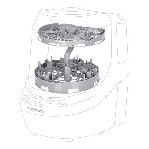 Umrissabbildung des Baby Brezza Breast Pump Rack, ein praktischer Halter für die hygienische Aufbewahrung und effiziente Reinigung von Milchpumpenteilen, mit transparenten Seiten, internen Fächern und einem Bedienfeld auf der Vorderseite. - product thumbnail