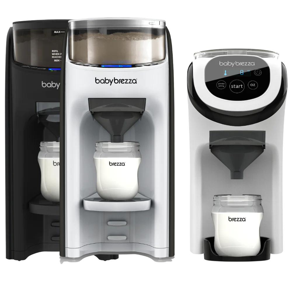 Drei Babynahrungszubereiter werden in einem eleganten Design und einem schwarz-weißen Farbschema gezeigt. Diese Maschinen sind perfekt für die Babynahrungszubereitung geeignet und verfügen über ein leicht lesbares digitales Bedienfeld und ein Fach zum Einfüllen der Milch in Flaschen.