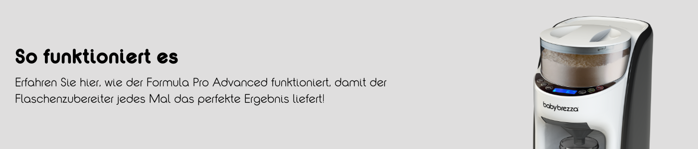 Bild einer Baby Brezza Formula Pro Advanced-Maschine rechts, mit deutschem Text links, der ihre Funktion erklärt. Das Baby Nahrungszubereitungsgerät ist für die effiziente Milchflaschenzubereitung konzipiert. Der Hintergrund ist hellgrau.
