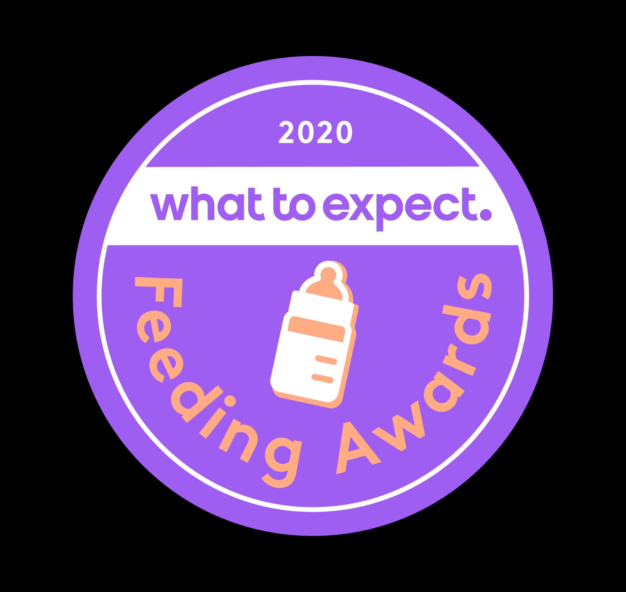 Ein rundes lilafarbenes Schild mit „2020“ oben zeigt darunter in Kleinbuchstaben „Was Sie erwartet“. In der Mitte befindet sich ein Babyflaschensymbol, umgeben von „Feeding Awards“. Es erinnert an das Ethos von Baby Brezza, das sich auf die Nahrungszubereitung von Babys spezialisiert hat.