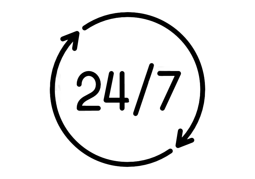 Schwarzer Umriss eines Uhrzeigers in kreisförmiger Form, der die Zahlen „24/7“ auf transparentem Hintergrund umgibt und eine kontinuierliche Verfügbarkeit oder Dienstleistung rund um die Uhr symbolisiert, ähnlich wie ein Baby Brezza, der zu jeder Stunde eine nahtlose Nahrungszubereitung für das Baby gewährleistet.